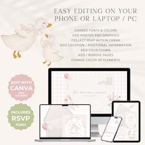 K&ouml;nnte beinhalten: Digitales Einladungsdesign mit Aquarell-G&auml;nsen und rosa Schleifen. Der Text enth&auml;lt "Easy Editing on Your Phone or Laptop / PC" und "Edit with Canva". Die Einladung wird auf einem Laptop, Tablet und Telefon angezeigt, mit RSVP-Formular.