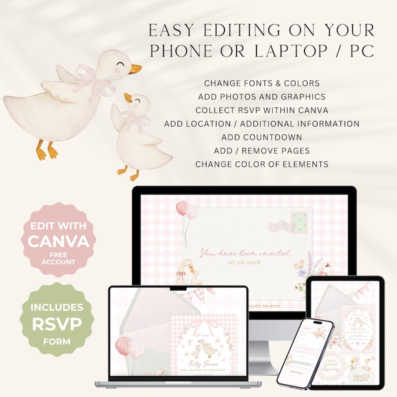 K&ouml;nnte beinhalten: Digitales Einladungsdesign mit Aquarell-G&auml;nsen und rosa Schleifen. Der Text enth&auml;lt "Easy Editing on Your Phone or Laptop / PC" und "Edit with Canva". Die Einladung wird auf einem Laptop, Tablet und Telefon angezeigt, mit RSVP-Formular.
