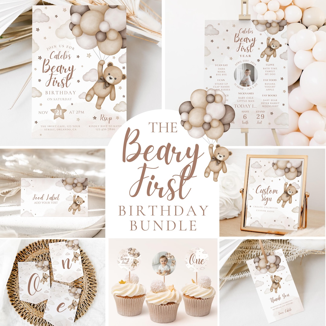 Boho Teddy Bear 1st Birthday Party Bundle (canva Template) - Etsy