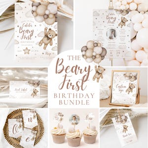Lot premier anniversaire Beary, faire-part 1er anniversaire bohème ours en peluche, plaque de bienvenue 1er anniversaire Beary, cartes jalons, plaque personnalisée