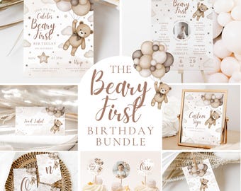 May include: A brown bear themed first birthday party printable bundle with a variety of items including invitations, food labels, cupcake toppers, a sign, and a thank you tag. The items feature a cute cartoon bear holding balloons and the text "Beary First".