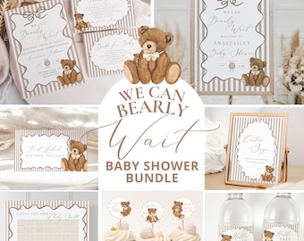 Bundel met bruine teddybeer babyshower: we Can Bearly Wait uitnodiging, borden, games en meer