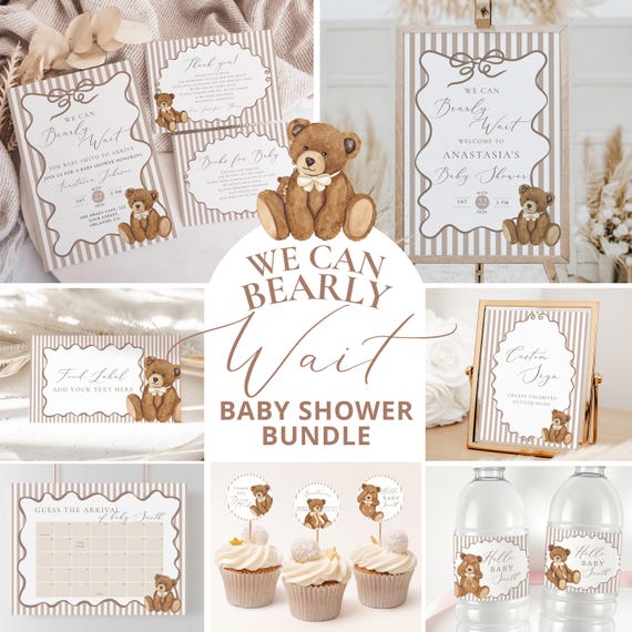 Brown Teddy Bear Baby Shower Bundle: We Can Bearly Wait Invite, Signs, Games & More
