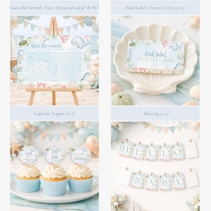 K&ouml;nnte beinhalten: Eine Sammlung von Babyparty-Dekorationen mit Meeresthema. Enth&auml;lt einen Kalender, Essensetiketten, Cupcake-Topper und Wimpelkette. Die Dekorationen zeigen Meeresbewohner und Pastellfarben.