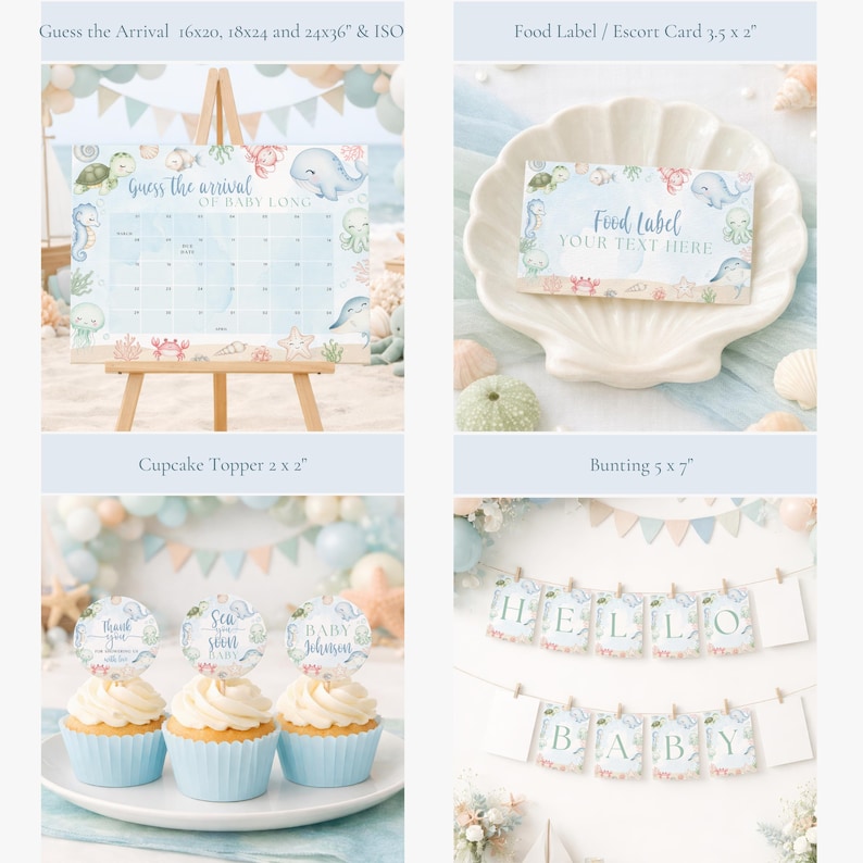 K&ouml;nnte beinhalten: Eine Sammlung von Babyparty-Dekorationen mit Meeresthema. Enth&auml;lt einen Kalender, Essensetiketten, Cupcake-Topper und Wimpelkette. Die Dekorationen zeigen Meeresbewohner und Pastellfarben.