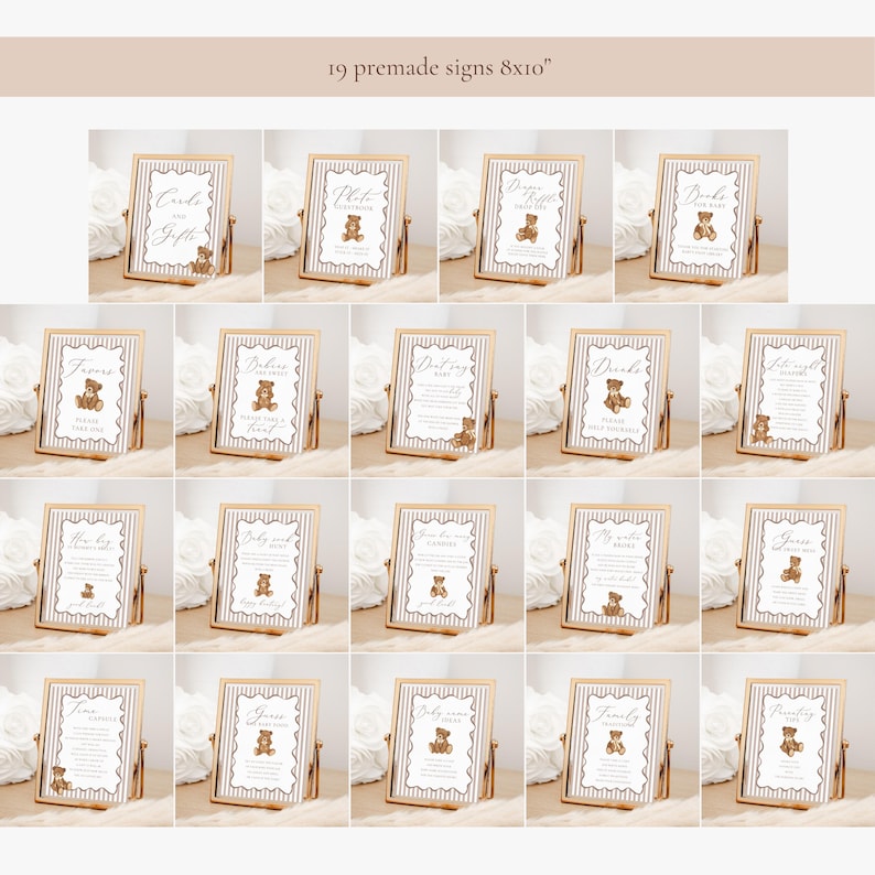 Op de afbeelding: Een verzameling van 19 kant-en-klare borden, elk 20,3 x 25,4 cm, in gouden frames. De borden hebben een witte achtergrond met verticale strepen en een decoratieve rand. Elk bord bevat tekst en een teddybeer-afbeelding, voor een babyshower.
