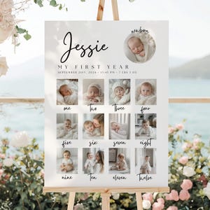Cartello compleanno traguardo, cartello fotografico moderno per il primo compleanno, poster traguardo del primo compleanno, cartello fotografico per il primo anno, statistiche del primo anno del bambino
