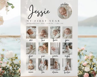 Peut inclure: Une affiche blanche avec le nom "Jessie" écrit en cursive noire. L'affiche est un collage de photos du premier anniversaire d'un bébé avec 12 photos du bébé à différents âges. L'affiche comprend également la date de naissance, l'heure et le poids du bébé. L'affiche est sur un chevalet.