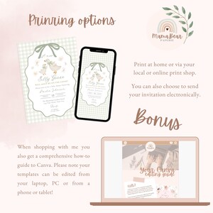 May include: A digital invitation design featuring a whimsical goose theme. The invitation, displayed on paper and a smartphone, includes the text "Silly Goose" and event details. A laptop displays a Canva editing guide. The image also includes the text "Prinring options" and "Bonus".