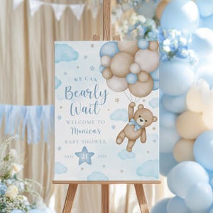 Blue Teddy Bear Baby Shower Welcome Sign: We Can Bearly Wait Party Sign