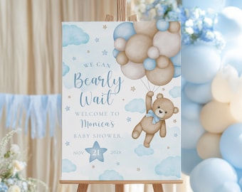Letrero de bienvenida para baby shower con osito azul: Letrero para fiesta "Podemos esperar"