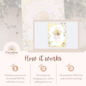 Puede incluir: Una invitaci&oacute;n digital para baby shower con tema de Winnie the Pooh, mostrada en una computadora port&aacute;til. La invitaci&oacute;n presenta un dise&ntilde;o floral amarillo y blanco y el texto "a little hunny is on the way". La imagen tambi&eacute;n muestra los pasos para personalizar y descargar la invitaci&oacute;n.