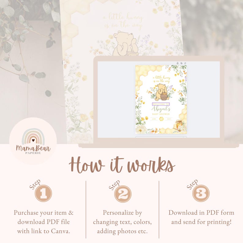 Puede incluir: Una invitaci&oacute;n digital para baby shower con tema de Winnie the Pooh, mostrada en una computadora port&aacute;til. La invitaci&oacute;n presenta un dise&ntilde;o floral amarillo y blanco y el texto "a little hunny is on the way". La imagen tambi&eacute;n muestra los pasos para personalizar y descargar la invitaci&oacute;n.