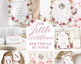 May include: A collection of floral-themed birthday party supplies. Includes invitations, a welcome sign, food labels, cupcake toppers, and thank you tags. The design features watercolor flowers and the text "Our Little Wildflower".
