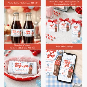 May include: A collection of baby shower themed items featuring a vintage soda bottle design. Includes water bottle labels, thank you tags, chocolate wrappers, and a digital invitation on a smartphone. The text reads "She's Ready to Pop".