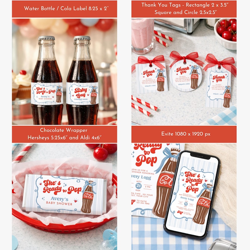 May include: A collection of baby shower themed items featuring a vintage soda bottle design. Includes water bottle labels, thank you tags, chocolate wrappers, and a digital invitation on a smartphone. The text reads "She's Ready to Pop".