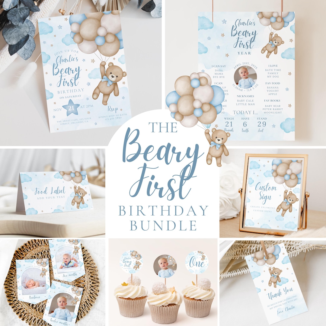 Blue Teddy Bear 1st Birthday Party Bundle (printable) - Etsy UK