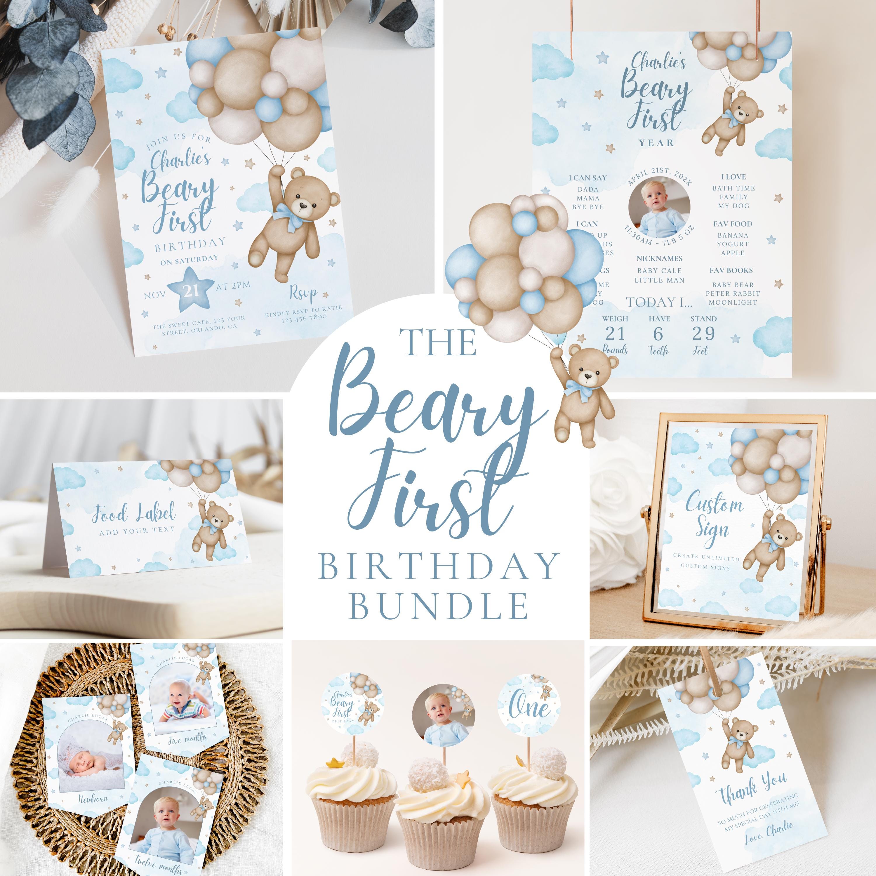 Blue Teddy Bear Party Bundle, Beary First Birthday Invitation, 1st ...