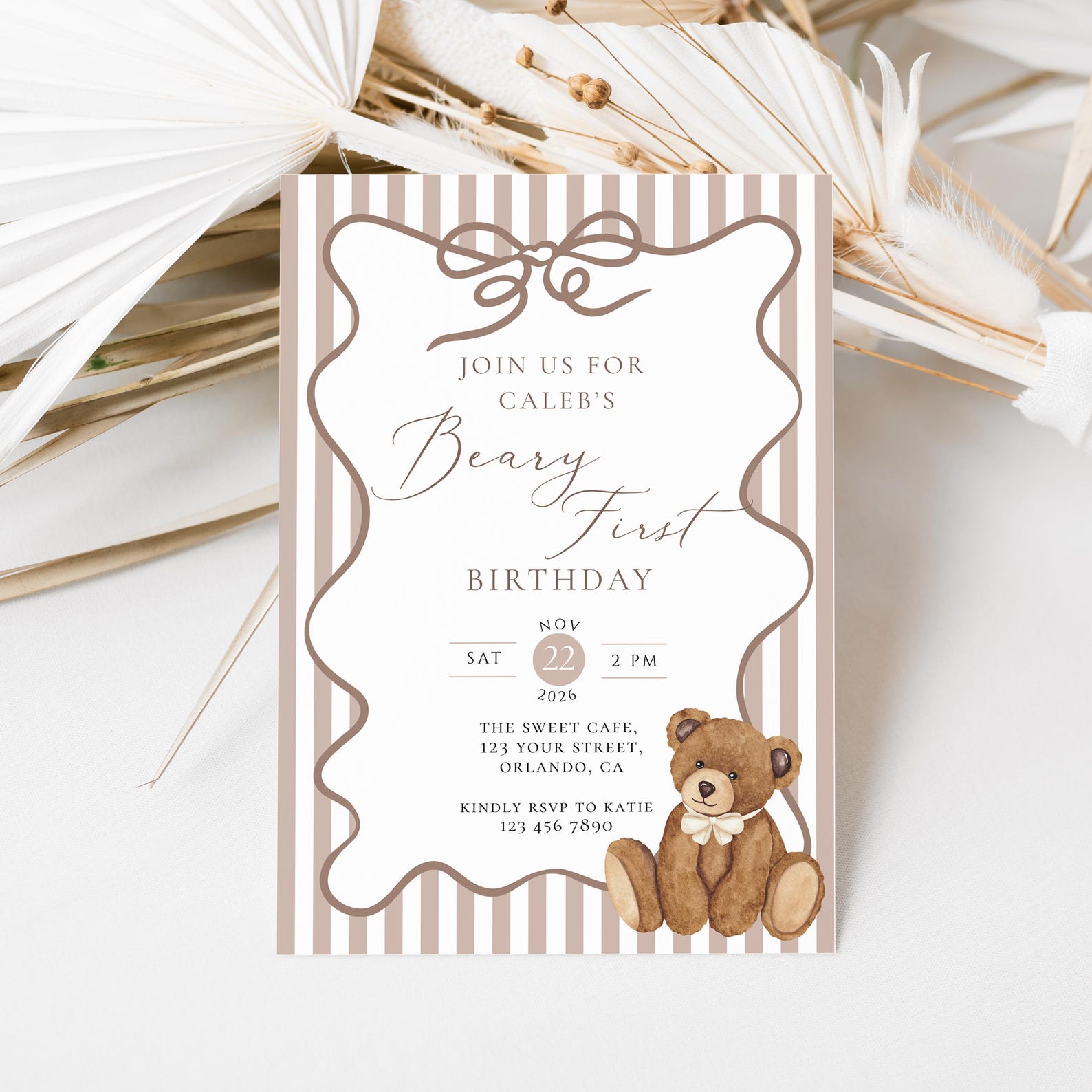 Beary First Birthday Invitation Template: Boho Teddy Bear 1st Birthday ...