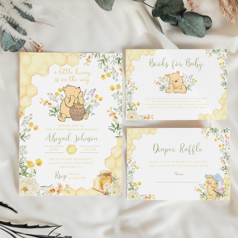May include: Baby shower invitation set featuring Winnie the Pooh illustrations and honeycomb designs. The invitation includes the text "a little hunny is on the way" and details for Abigail Johnson's baby shower. Additional cards include "Books for Baby" and "Diaper Raffle".