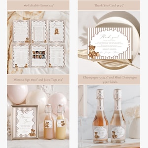 Op de afbeelding: Een collectie baby shower stationery met een teddybeer thema. Inclusief spelkaarten, bedankkaarten, een mimosa bar bord, sap labels en champagne labels. Het kleurenschema is zacht beige en bruin.