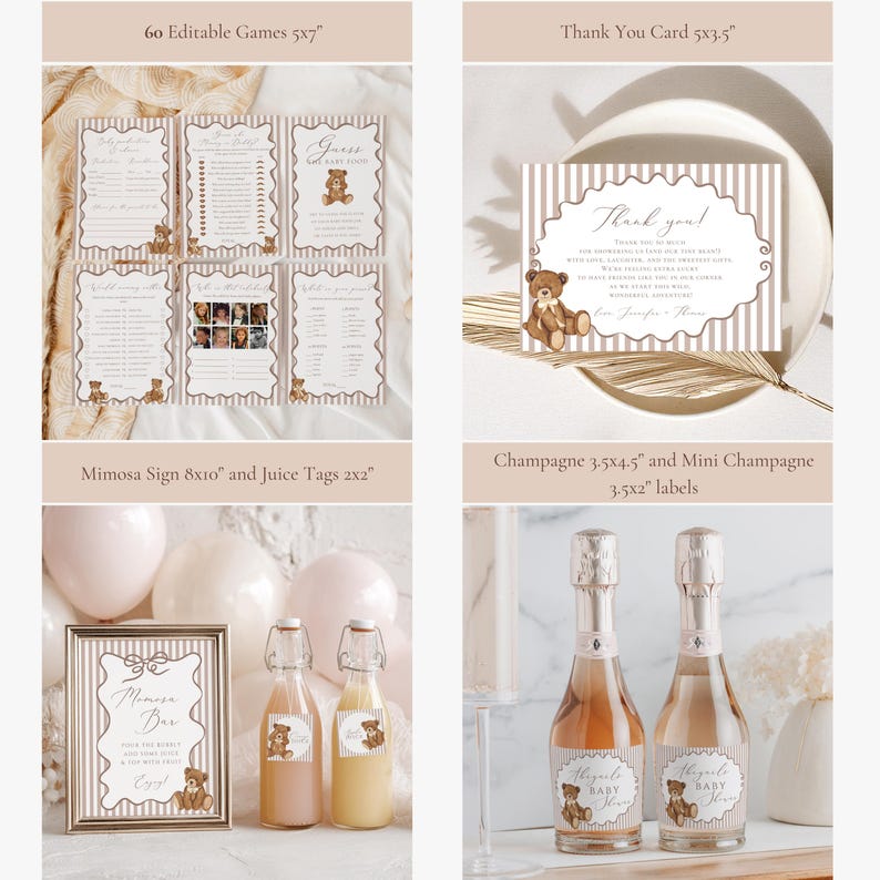Op de afbeelding: Een collectie baby shower stationery met een teddybeer thema. Inclusief spelkaarten, bedankkaarten, een mimosa bar bord, sap labels en champagne labels. Het kleurenschema is zacht beige en bruin.