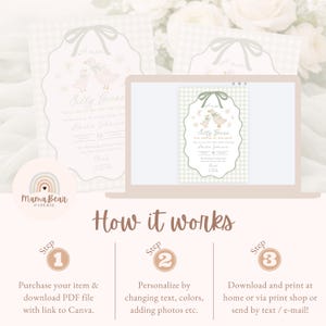 May include: A baby shower invitation with a whimsical design featuring two geese and the text "Silly Goose." The invitation is displayed on a laptop screen and printed on a card with a gingham pattern. The design includes a bow and floral accents.