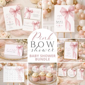 May include: A baby shower bundle featuring pink bow designs. The set includes invitations, signs, food labels, cupcake toppers, thank you tags, and a calendar. The overall theme is soft and feminine, with a watercolor style.