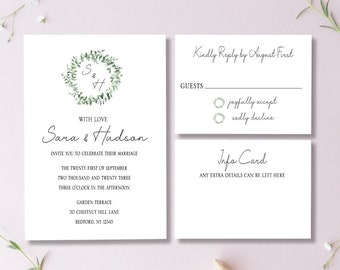 Greenery Wedding Invitations, Wedding Invites, Garden Wedding, Simple Wedding Invitations, Wreath, Green, Printed and Shipped