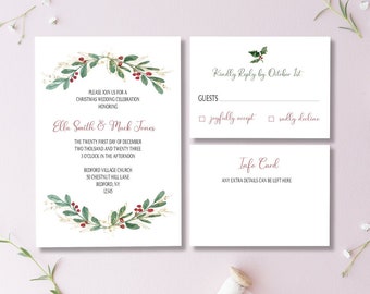 Christmas Wedding Invitations, Mistletoe Wedding Invitations, Wedding Invites, Holiday Wedding, Winter Wedding, Red, Snow