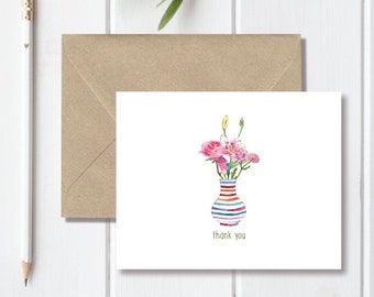 Thank You Cards, Thank You Card Set, Thank You Notes, Peonies, Roses, Pink  Flowers, Floral, Wedding, Bridal Shower, Simple