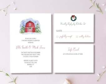 Christmas Wedding Invitations, Barn Wedding Invitations, Wedding Invites, Barn Wedding, Winter Wedding, Red, Snow, Pine Trees