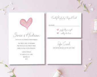 Heart Wedding Invitations, Wedding Invites, Simple Wedding, Watercolor Invitations, Printed and Shipped, Pink Wedding Invitations