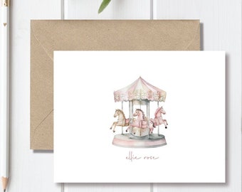 Child's Stationery, Stationary, Girl, Carousel Cards, Horse Cards, Carousel Note Cards, Horses, Personalized, Thank You Cards -Pink Carousel