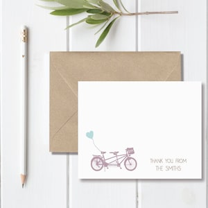 Vélo cartes, papeterie de bicyclette, vélo stationnaire, vélo Tandem, mariage Merci cartes, cartes de remerciement douche nuptiale, coeur