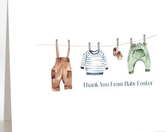 Baby Boy Thank You Cards, Baby Thank You Cards, Baby Shower Thank You Cards, Baby Shower Thank You Notes, Thank You Cards Baby, Clothesline