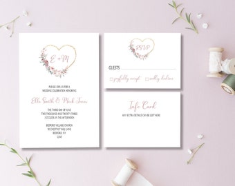 Wedding Invitations, Wedding Invites, Simple Wedding Invitations, Heart, Gold, Minimalistic, Intimate, Full Suite Invitations