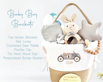 Baby Gift Set, Baby Shower Gift Set, Gift Set for Baby Boy Swaddle Blanket, Rattle, Lovey, Baby Blanket, Personalized Baby Gift, Baby Basket