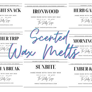 May include: A collection of scented wax melts with various fragrance descriptions, including "Midnight Snack" and "Ironwood." Each melt is labeled as hand-made with 100% soy wax and weighs 2.4 oz (68 g). The words "Scented Wax Melts" are in the center.