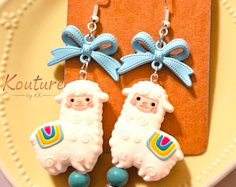 White Llama Alpaca Earrings – Focal Bead Earrings , Sterling Silver Hooks