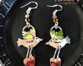 Rustic Metal Bird Earrings: Bohemian Heart Dangles with Bicon Metallic Plated matching Beads.