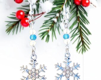 Pendientes navideños de copo de nieve con diamantes de imitación, cuentas de cristal