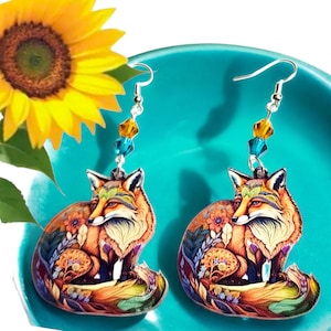 Fox Earrings, Bright Colorful Nature Wild Animal Fox Lover Jewelry.