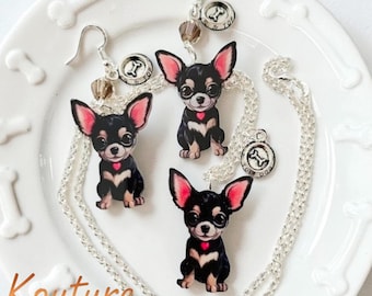 Chihuahua Earrings and Necklace.  Black and Tan Chihuahua Jewelry. Crystal Beads – Sterling Silver