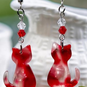 Red Acrylic Cat Earrings: Crystal Accent Kitty Jewelry