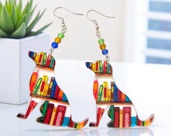 Dog Library Earrings: Acrylic Bookworm Animal Jewelry