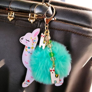 Lama Keychain. Lama Bag Charm. Lama Jewelry. Alpaca Jewelry. Animal Earrings. Farm Animals. Car Ornament.  Mint Green Keychain Puff Ball