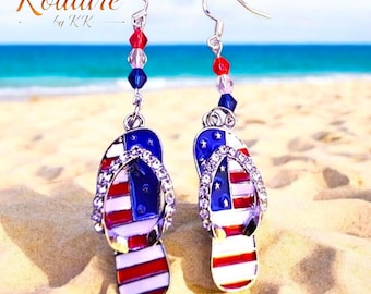 Patriotic Flip Flop Sandal Earrings | 4th of July USA Flag Rhinestone Dangle Earrings | Silver or Gold. Red, White and Blue