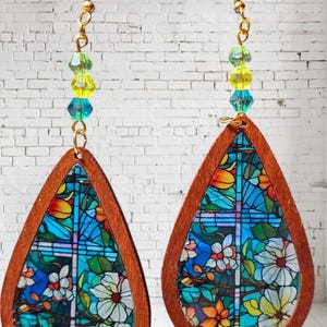 Stained Glass Cross Earrings: Wood Teardrop Christian Jewelry