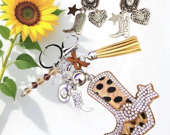Cowboy Boot Rhinestone Cowhide Keychain with Matching Boot Earrings. Western Purse Charm